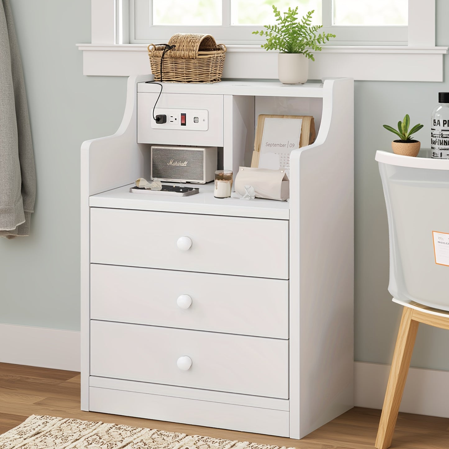 Nightstand with Power Outlets and USB Ports β 3-Drawer Hutch Charging Station | 2 Outlets 2 USB | Bedroom End Table Side Table | 14"D x 17.7"W x 26.8"H | Gray or White | Housewarming Gift