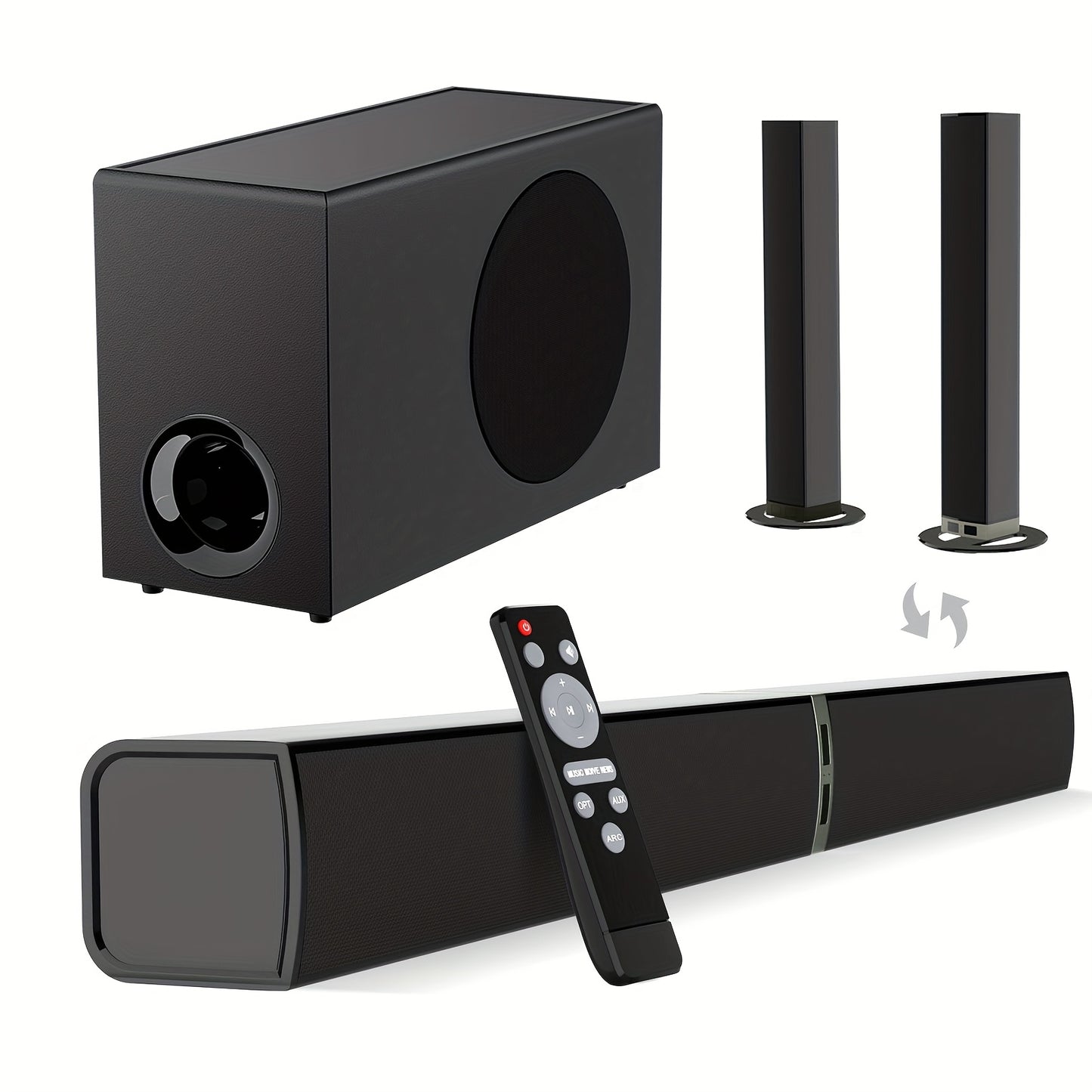 Soundbar with Subwoofer 2.1CH Home Theater Sound Bar for Smart TV, Deep Bass Wireless Bluetooth 5.0, ARC Optical AUX, Detachable Tower Speakers, Infrared Remote, for Movies Music Gaming
