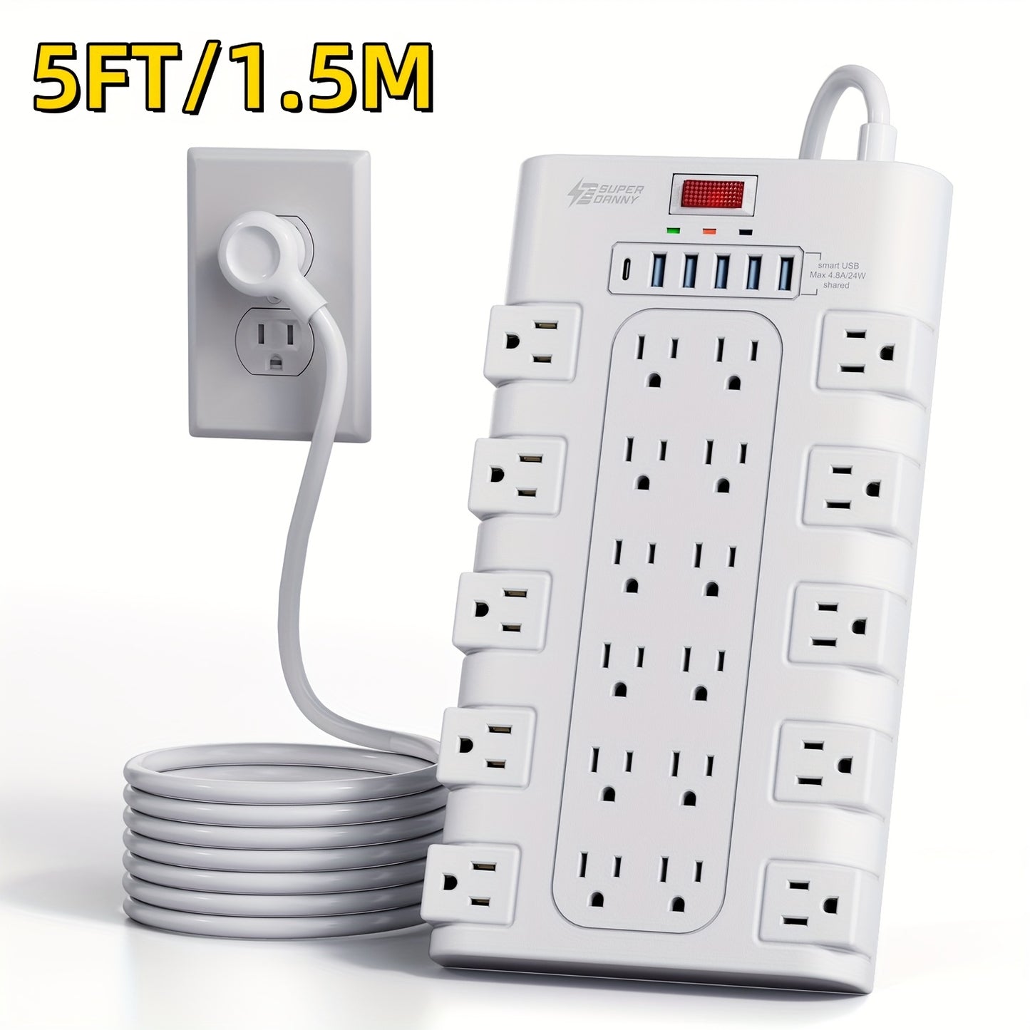 Heavy Duty 28-in-1 Surge Protector Power Strip, 22 AC Outlets & 6 USB Ports (1 USB-C), 5ft Extension Cord, Charging Station for Home Office Tool Room Desk – Overload Protection, 2500W