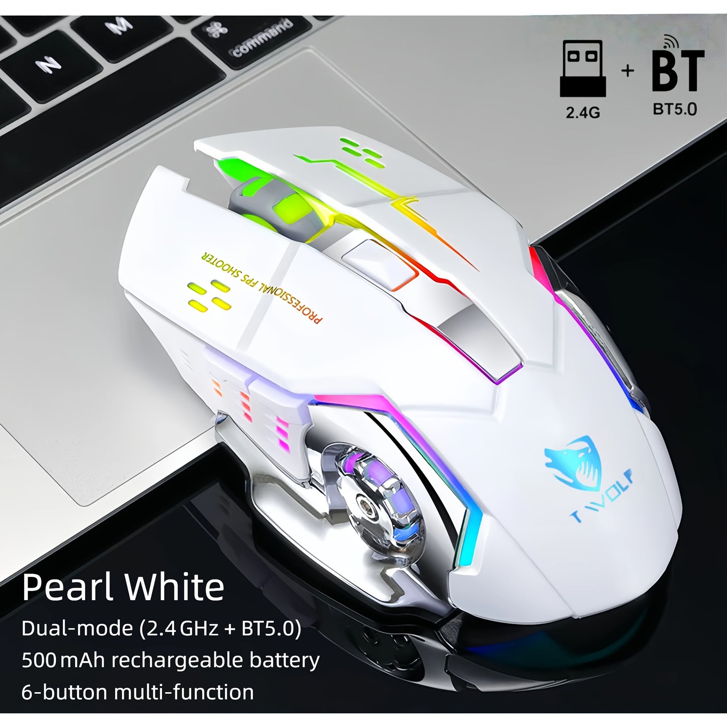 Ergonomic Silent Wireless Mouse T-WOLF Rechargeable Dual-Mode BT5.0 & 2.4G – Full-Size RGB Comfort Mouse for Work Study Gaming, Aesthetic Desk Setup, Back to School Gift for PC Laptop Mac