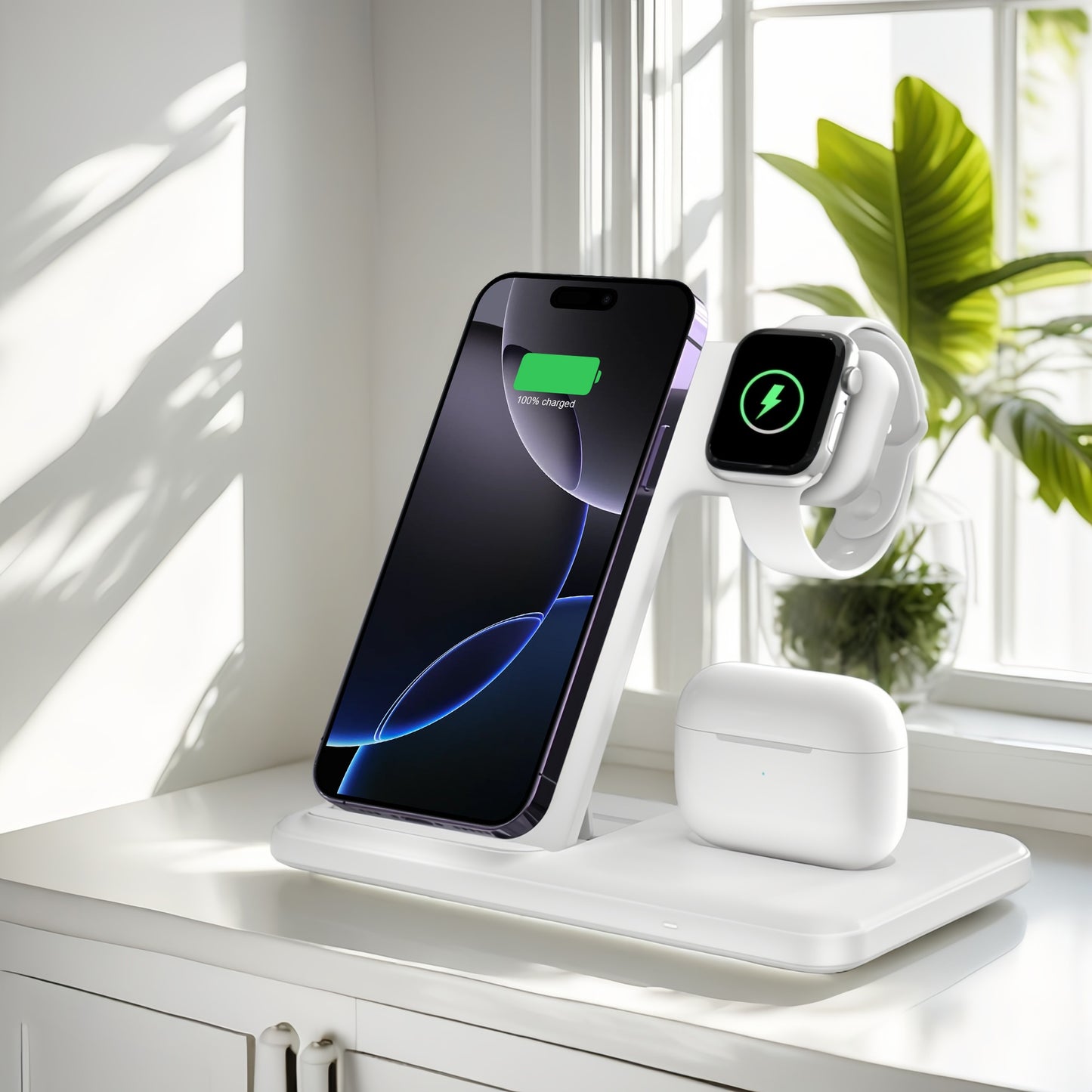 USB-C 3-in-1 Wireless Charging Station Upright Stand – Fast Charge Dock for iPhone 16 15 14 13 12 Pro Max, Apple Watch Ultra Series 10 9 8 7 SE & AirPods Pro 2 | Black & White