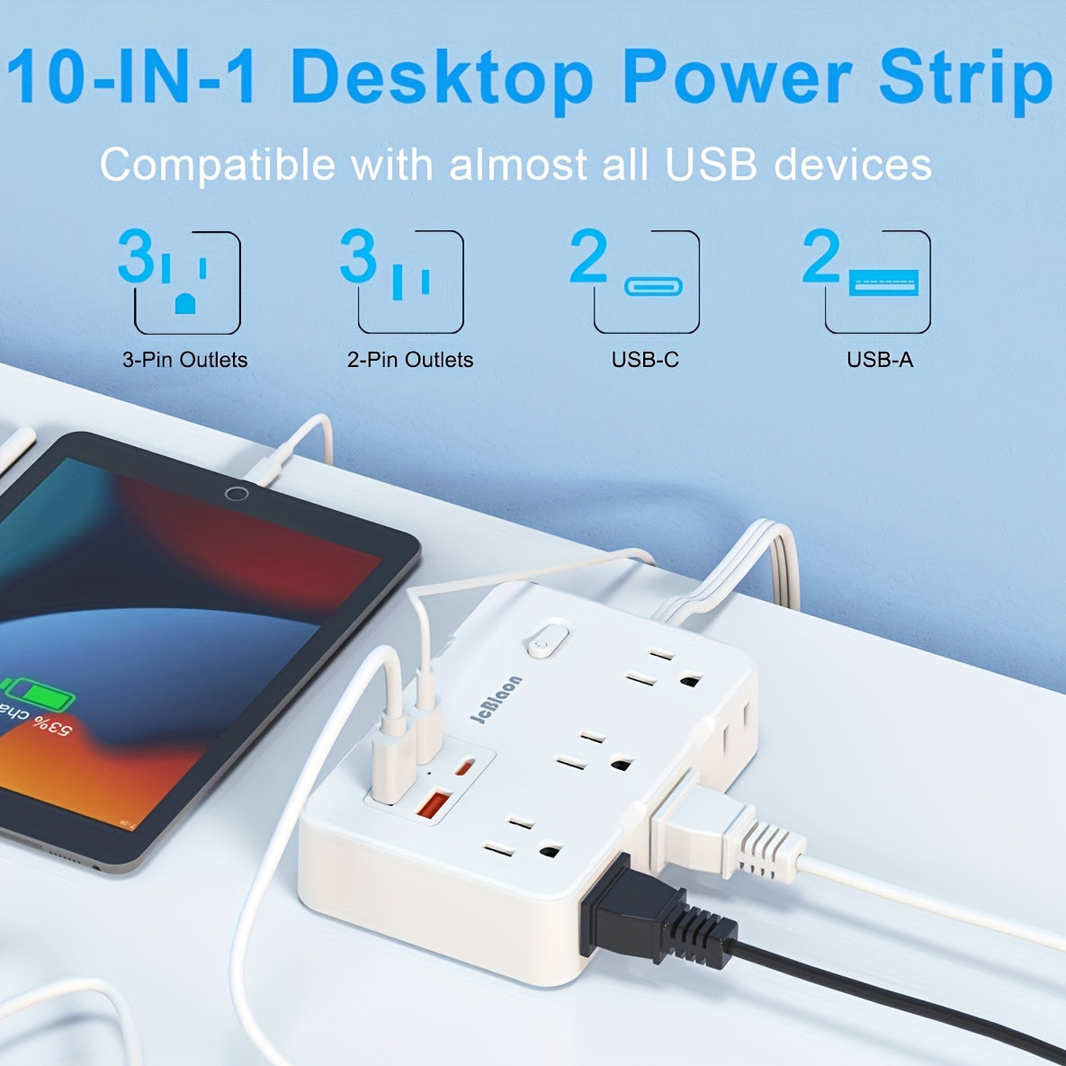 Flat Plug Extension Cord Surge Protector 10-in-1 with 6 AC Outlets 2 USB-C 2 USB-A Ports 5ft Ultra Thin Power Strip 5V/3.1A Wall Mount Charging Station for Home Office Dorm β Black & White