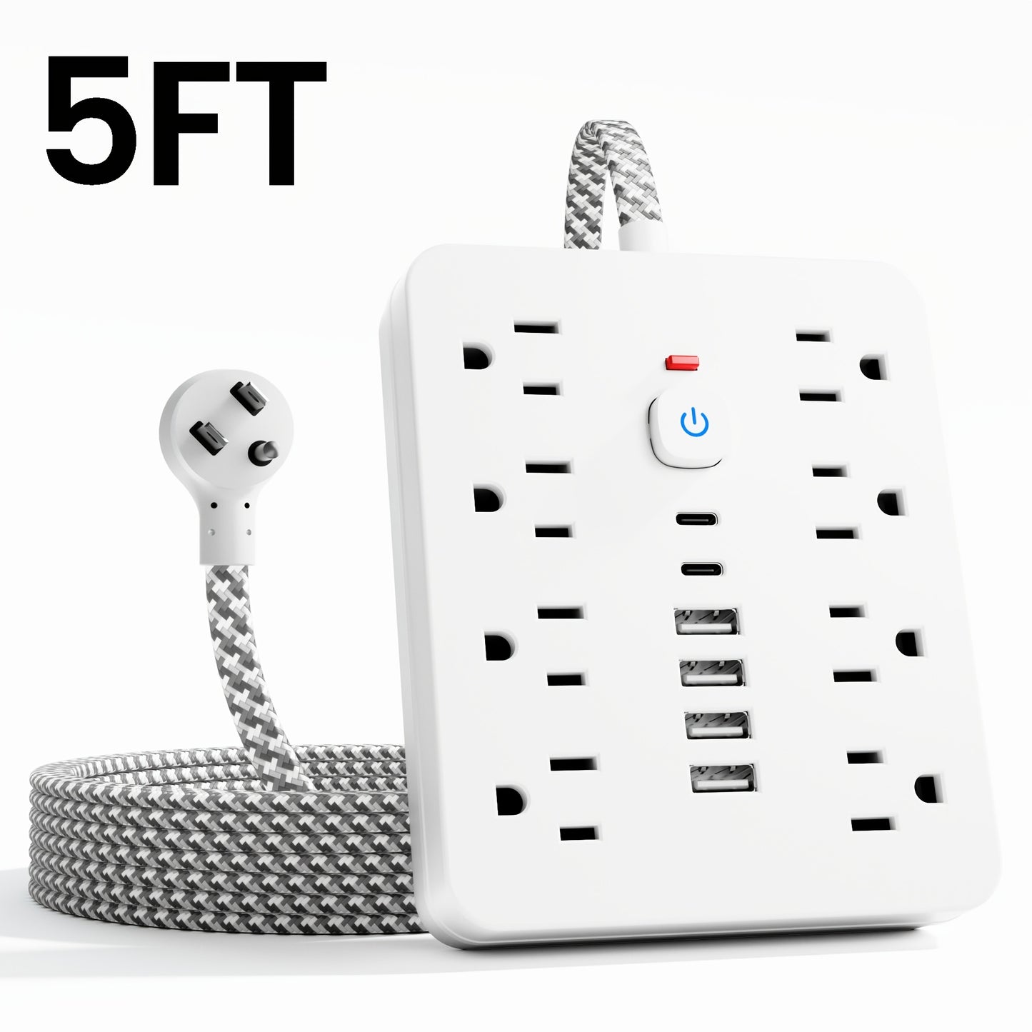 14-in-1 Wall-Mountable Power Strip with Surge Protector – 8 AC Outlets & 6 USB Ports (2 USB-C), Flat Plug Space-Saving Extension Cord, Overload Protection for Home School Office, 5ft or 10ft