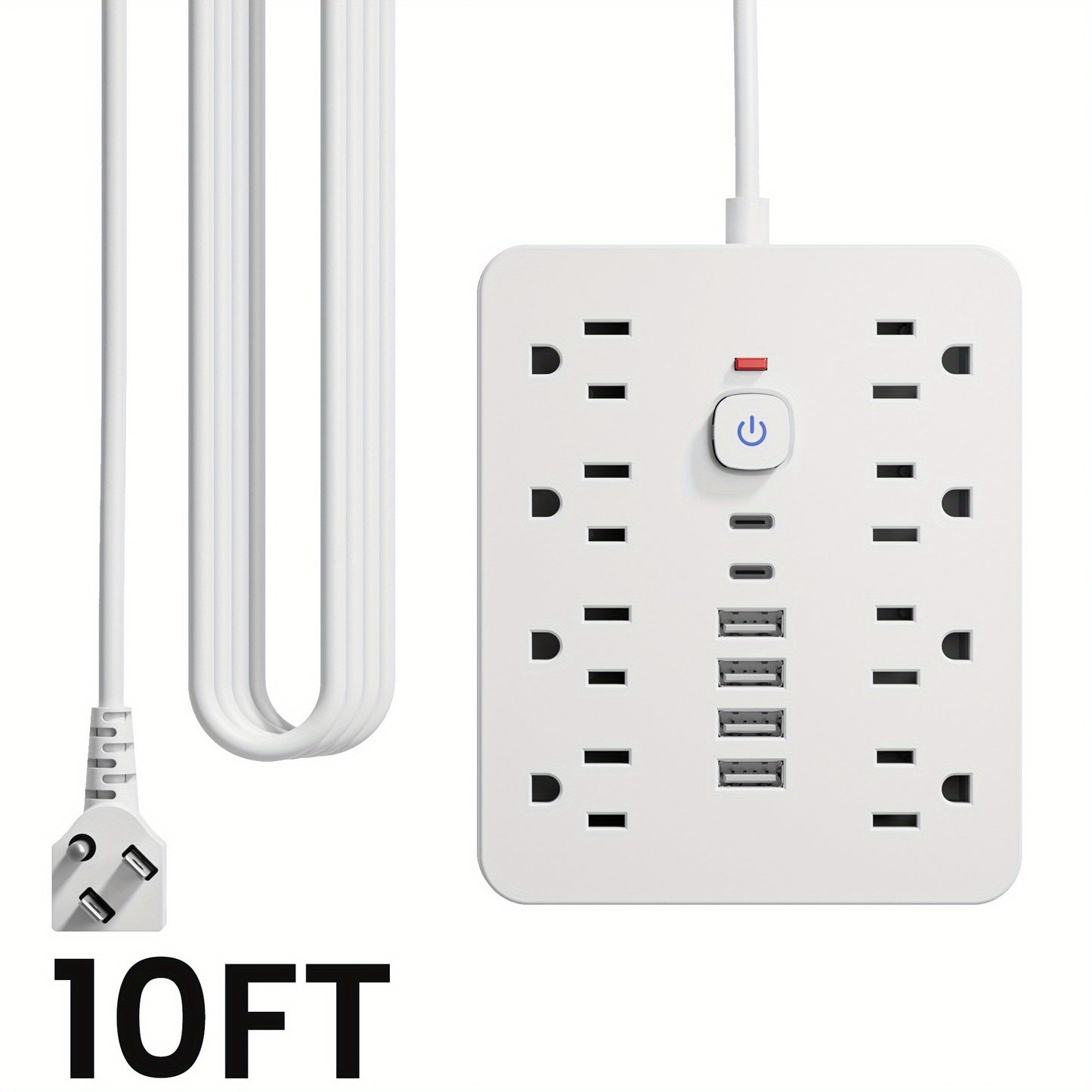 Flat Plug Wall Mount Power Strip 14-in-1 Surge Protector - 8 AC Outlets, 4 USB-A & 2 USB-C Ports, 5ft/10ft Extension Cord, Overload Protection, Desktop Charging for Home Office