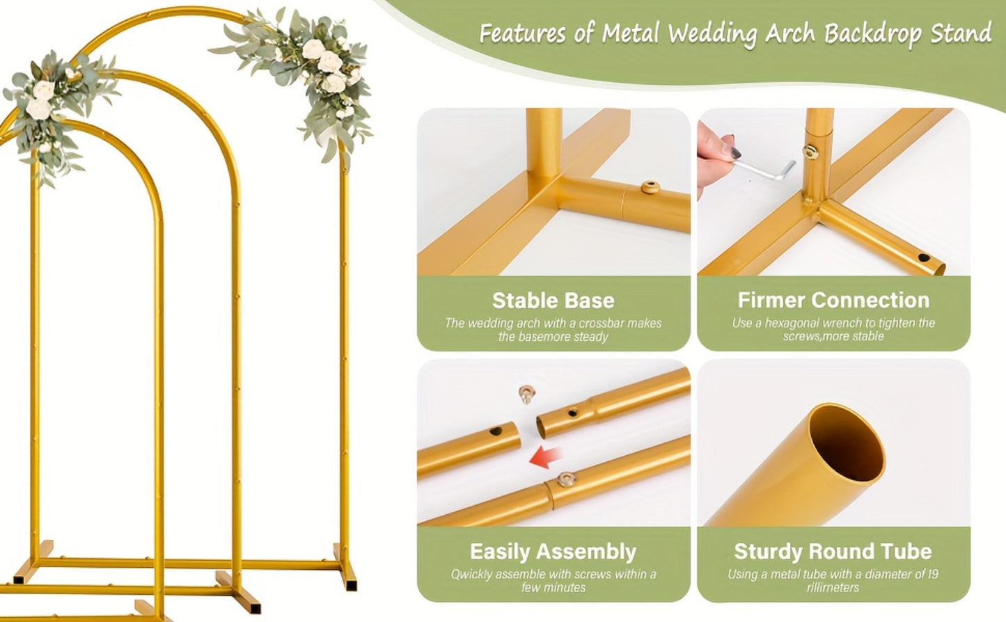3-Pack Golden Metal Photo Backdrop Arch Set (7.2/6.6/6ft) | Wedding Ceremony Party Frame for Birthday, Graduation, Photography Background Decor, Halloween, Thanksgiving & Christmas Gift