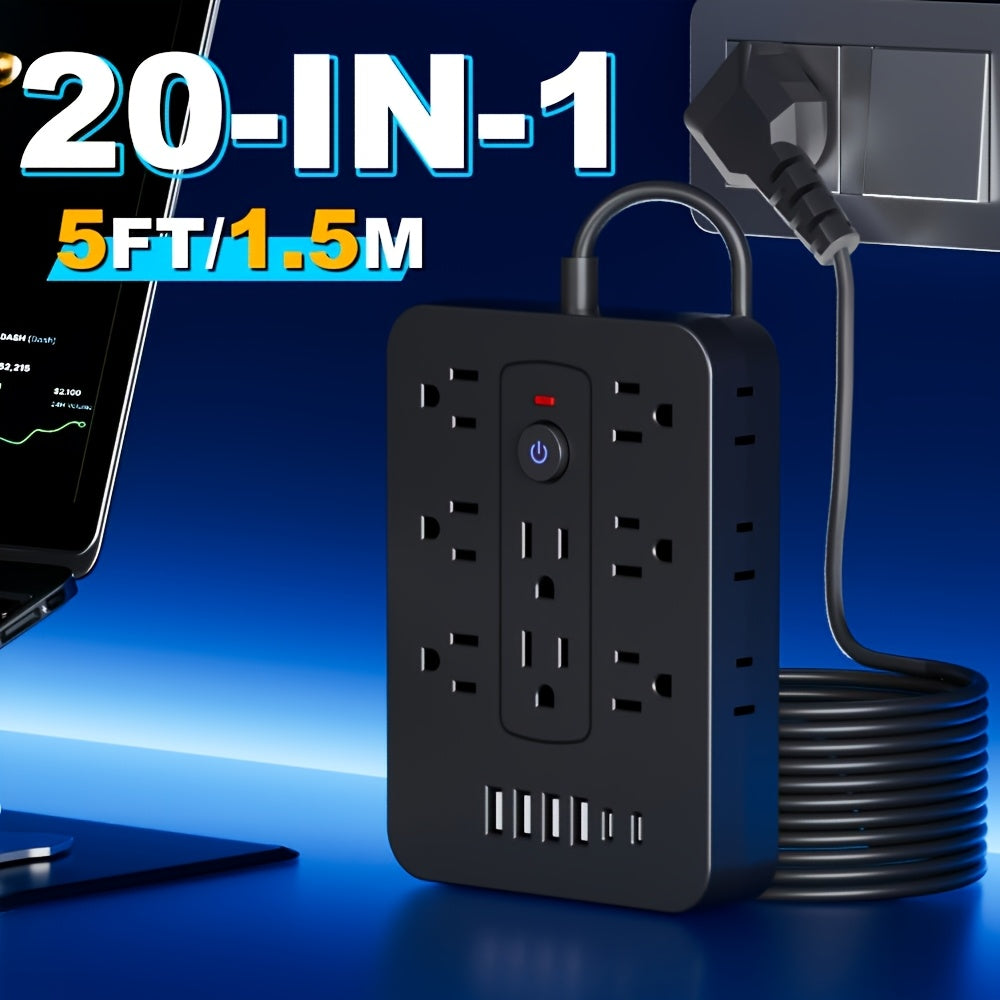 Compact Flat Plug Power Strip 20-in-1, 14 AC Outlets & 6 USB Ports (4 USB-A + 2 USB-C), Lightning Surge Protection, Space-Saving Extension Cord for Home Travel Office Kitchen β Overload Protection