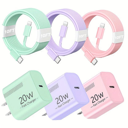 20W iPhone Fast Charger Bundle 3-Pack with 10ft L-Shaped Lightning Cable – 3 Chargers + 3 Cables Set for iPhone 14 13 12 11 Pro Max SE XR – Multi-Color USB-C Wall Charger Kit Family Value Pack