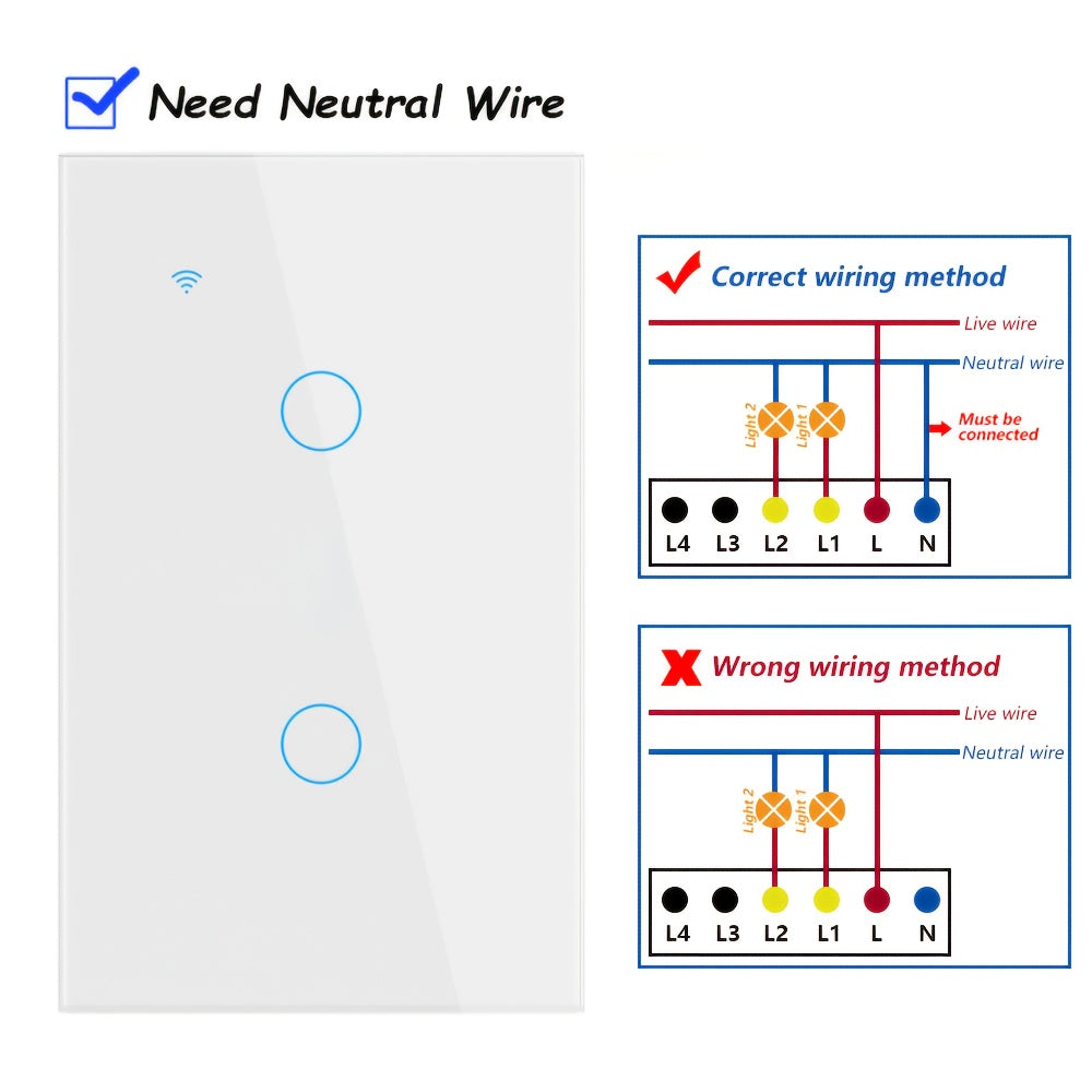 White Glass WiFi Bluetooth Touch Screen Smart Switch 1/2/3/4 Gang – Scratch-Resistant, Works with Alexa & Google Home, Tuya App, Smart Scenes, Timer, Share Function, 600W/Gang, Neutral Required