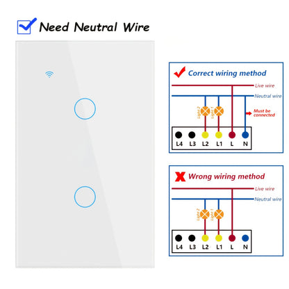 White Glass WiFi Bluetooth Touch Screen Smart Switch 1/2/3/4 Gang – Scratch-Resistant, Works with Alexa & Google Home, Tuya App, Smart Scenes, Timer, Share Function, 600W/Gang, Neutral Required