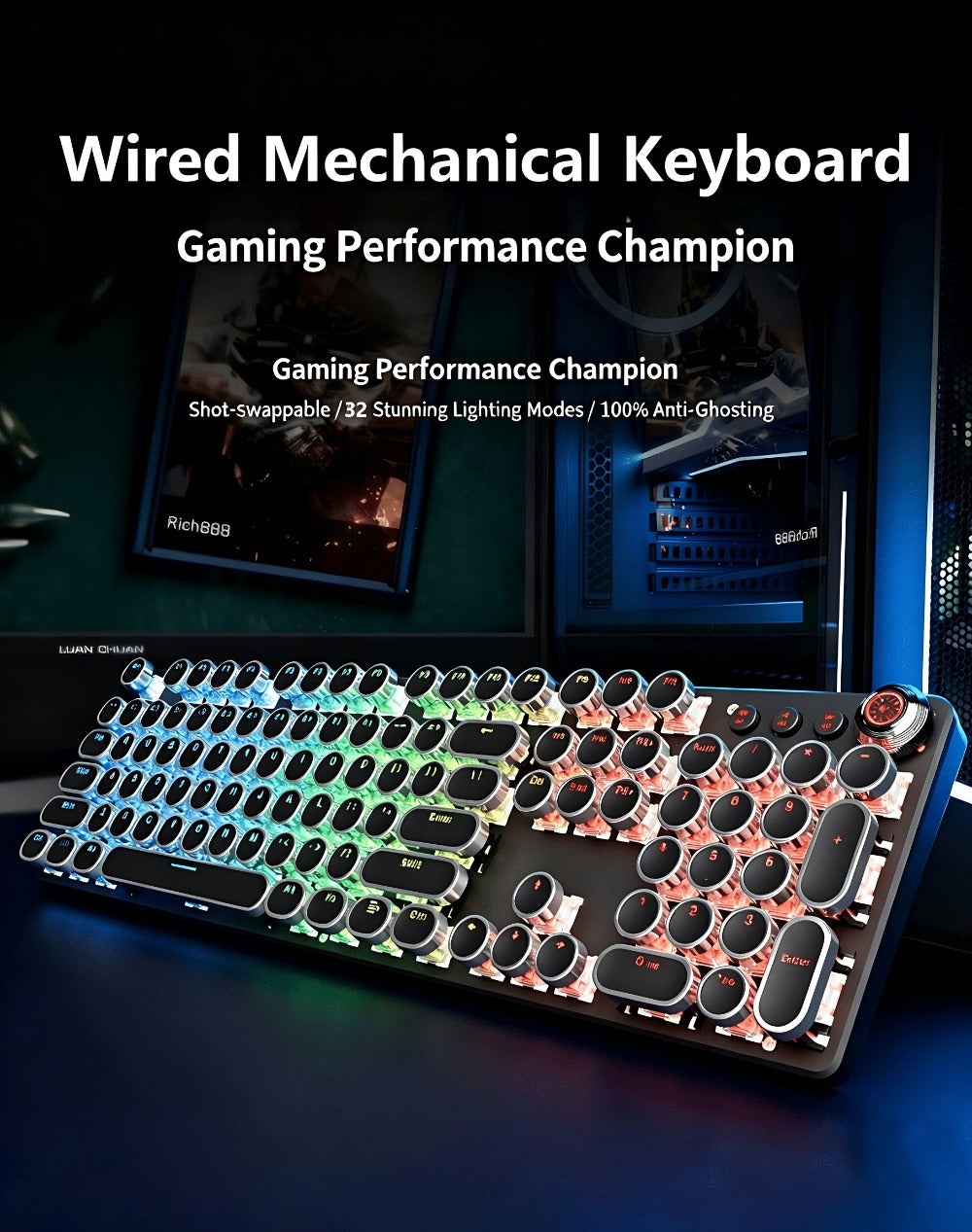 Typewriter Mechanical Keyboard with Green Switches – Retro Punk Style RGB Backlit Wired Gaming & Office Keyboard with Volume Knob, Compatible with PC Laptop Mac – Unique Gift for Her & Him