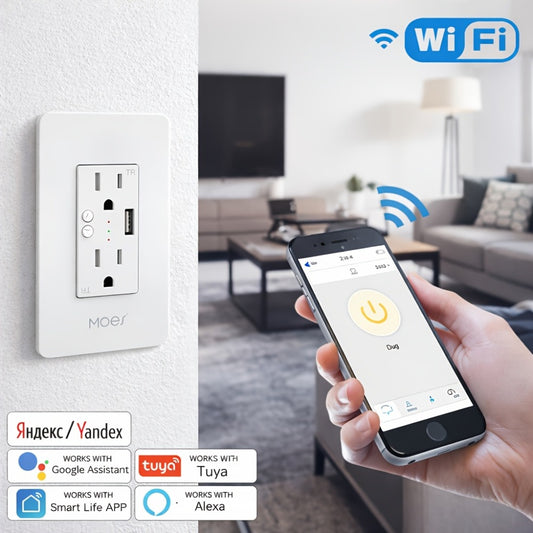 Smart WiFi Wall Outlet with 2 AC Outlets & USB Charging Port, Works with Alexa & Google Home, App Remote Control, No Hub Required, 15A 2.4GHz – MOES Intelligent In-Wall Smart Plug Socket