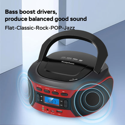 Bluetooth CD Player Boombox with FM Radio – Portable CD Boombox with AUX USB Playback, Earphone Jack, Stereo Speakers, Battery or AC Powered, CD Player for Home and Outdoor Use