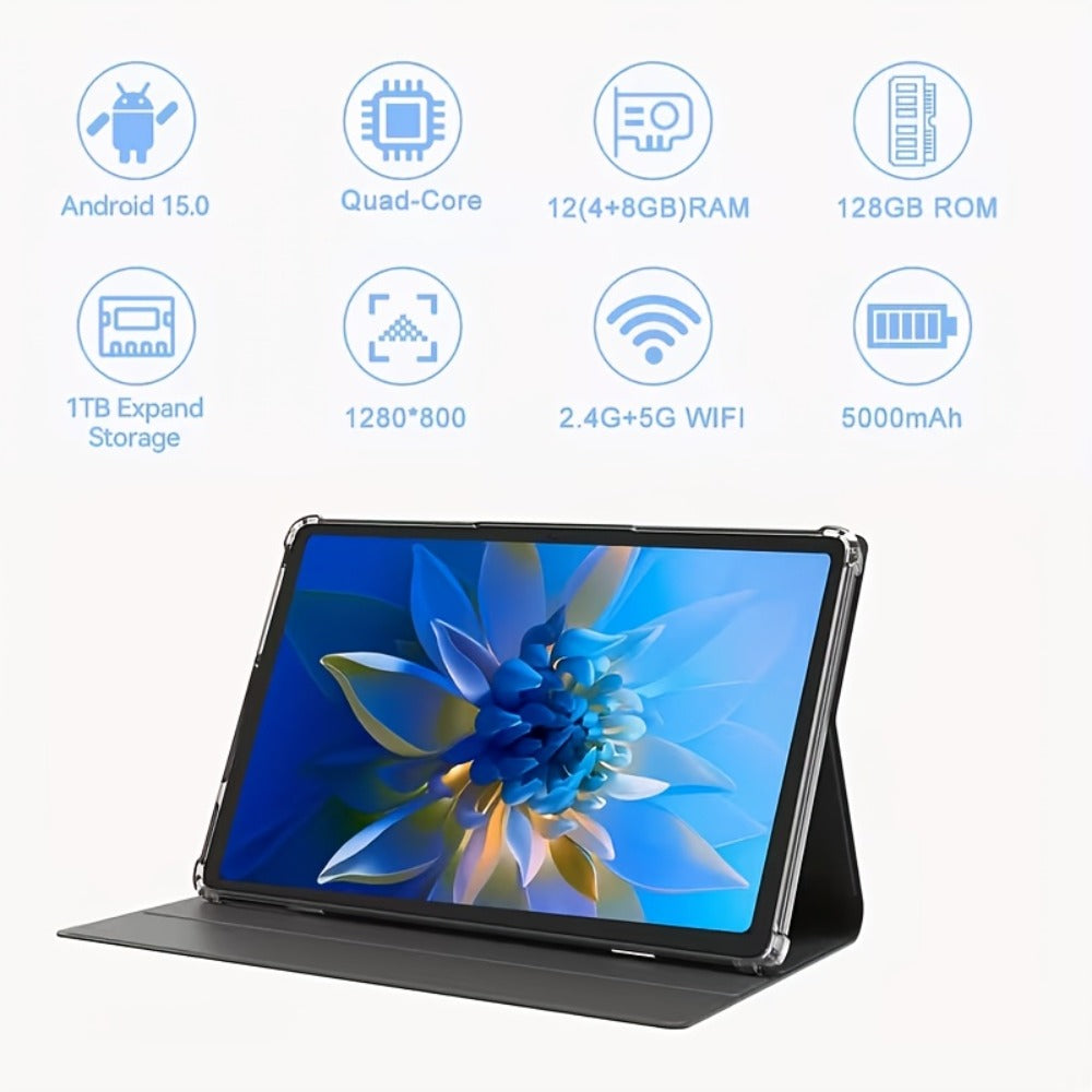 2-in-1 Tablet with Keyboard 10.1 Inch Android 15 12GB RAM 128GB ROM Quad-Core 5G WiFi GMS Certified Type-C 13MP Dual Camera Portable Tablet PC for Work Study – Blue & Gray