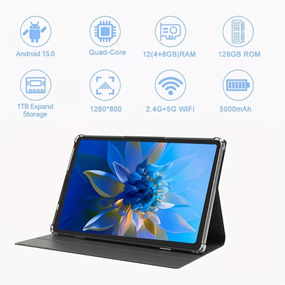 2-in-1 Tablet with Keyboard 10.1 Inch Android 15 12GB RAM 128GB ROM Quad-Core 5G WiFi GMS Certified Type-C 13MP Dual Camera Portable Tablet PC for Work Study – Blue & Gray