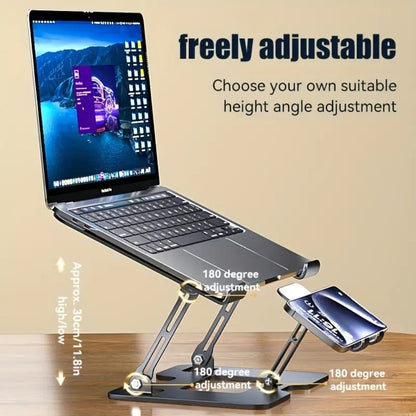 Adjustable Laptop Stand 2-in-1, Carbon Steel Ergonomic Computer & Phone Stand, 180° Height Adjustment, Foldable Portable Desk Stand for MacBook, Tablet, Mobile Phone – Silver/Black