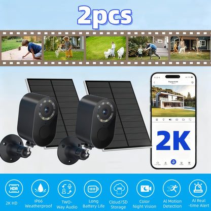 2K Solar Security Camera Outdoor Waterproof with Human Figure Alarm, Color Night Vision, 2-Way Audio, Low-Power WiFi Monitoring – Indoor Outdoor Pet Baby Surveillance Camera, 2.4G Wi-Fi