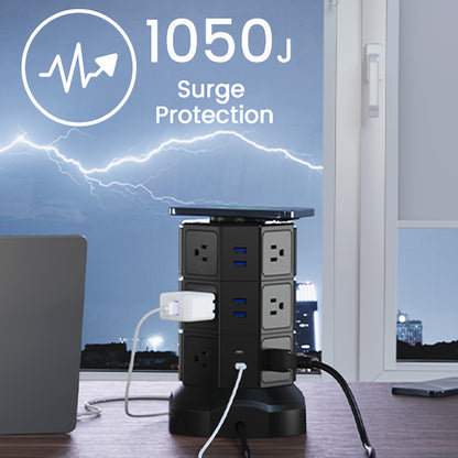 Wireless Charging Tower Power Strip 18-in-1 Surge Protector - 12 AC Outlets, 6 USB Ports (2 USB-C), 1050 Joules, 5ft Retractable Cord, Gold Desktop Charging Tower for Home Office Dorm