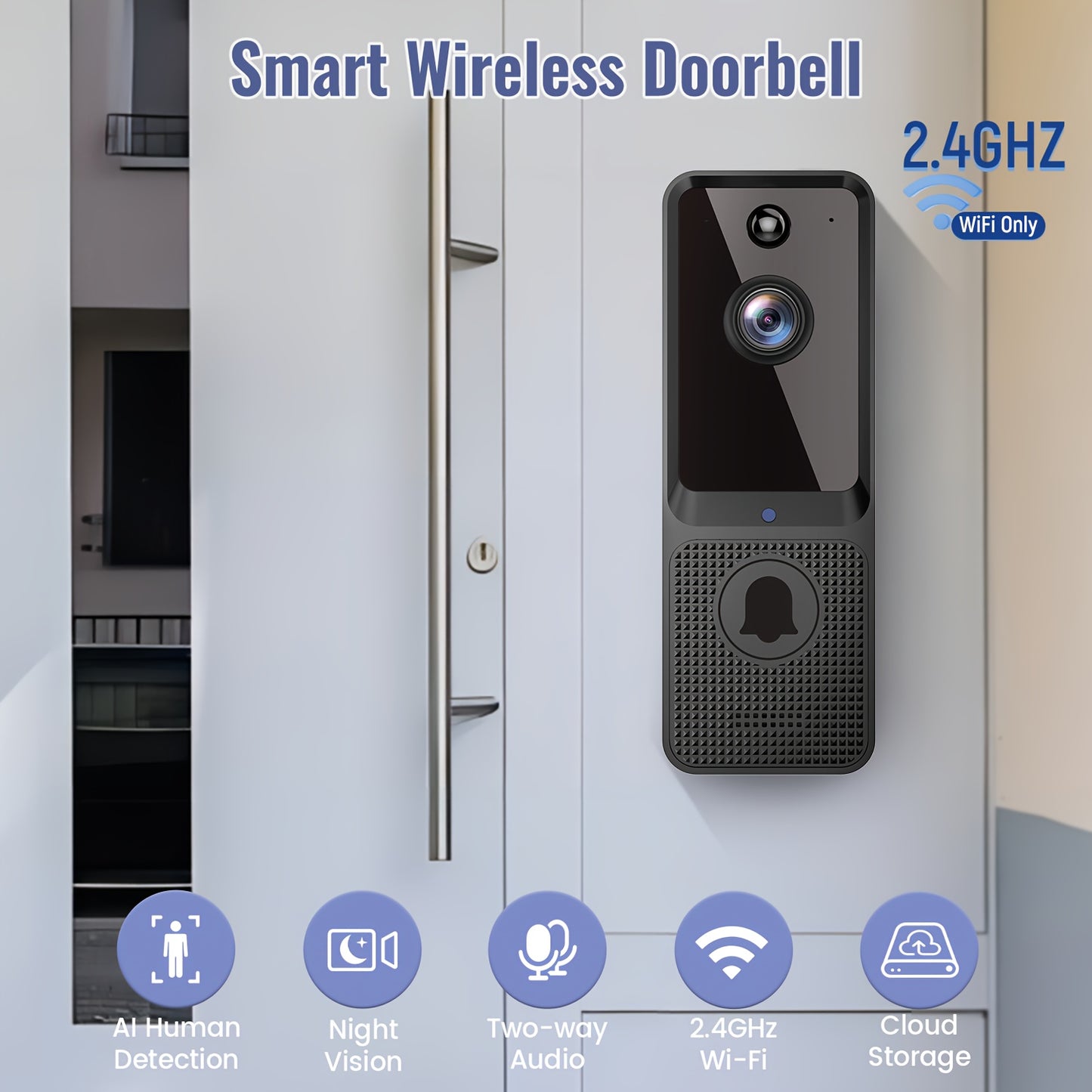 166° Wide Angle Video Doorbell 720P 2.4G 5G Dual-Band WiFi – Color Night Vision, AI Vehicle & Person Detection, Two-Way Voice, No Wiring, Real-Time App View, Single or 2-Pack, Black