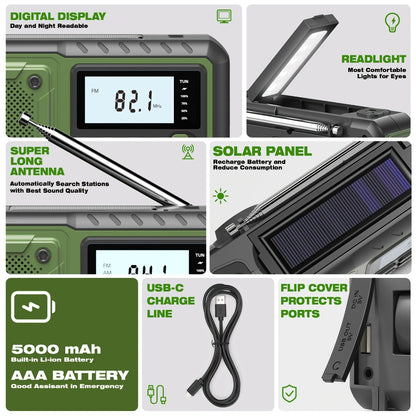 Hand Crank Emergency Weather Radio 5000mAh Solar Powered NOAA AM FM Portable Survival Radio with Flashlight SOS Alarm Reading Light Phone Charger Type-C for Hurricane Tornado Storm Preparedness Gift
