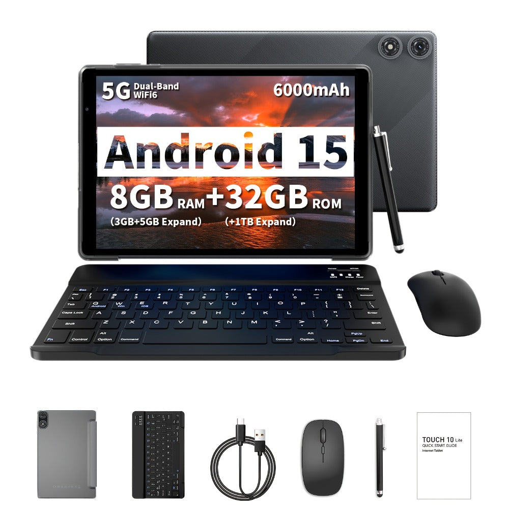 2-in-1 Tablet 10.1 Inch Android 15 8GB RAM 32GB ROM 1TB Expandable 6000mAh Battery WiFi Dual Camera with Optional Keyboard Mouse Protective Case & Stylus Pen – Gray