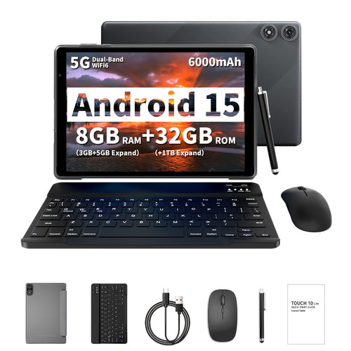 2-in-1 Tablet 10.1 Inch Android 15 8GB RAM 32GB ROM 1TB Expandable 6000mAh Battery WiFi Dual Camera with Optional Keyboard Mouse Protective Case & Stylus Pen – Gray