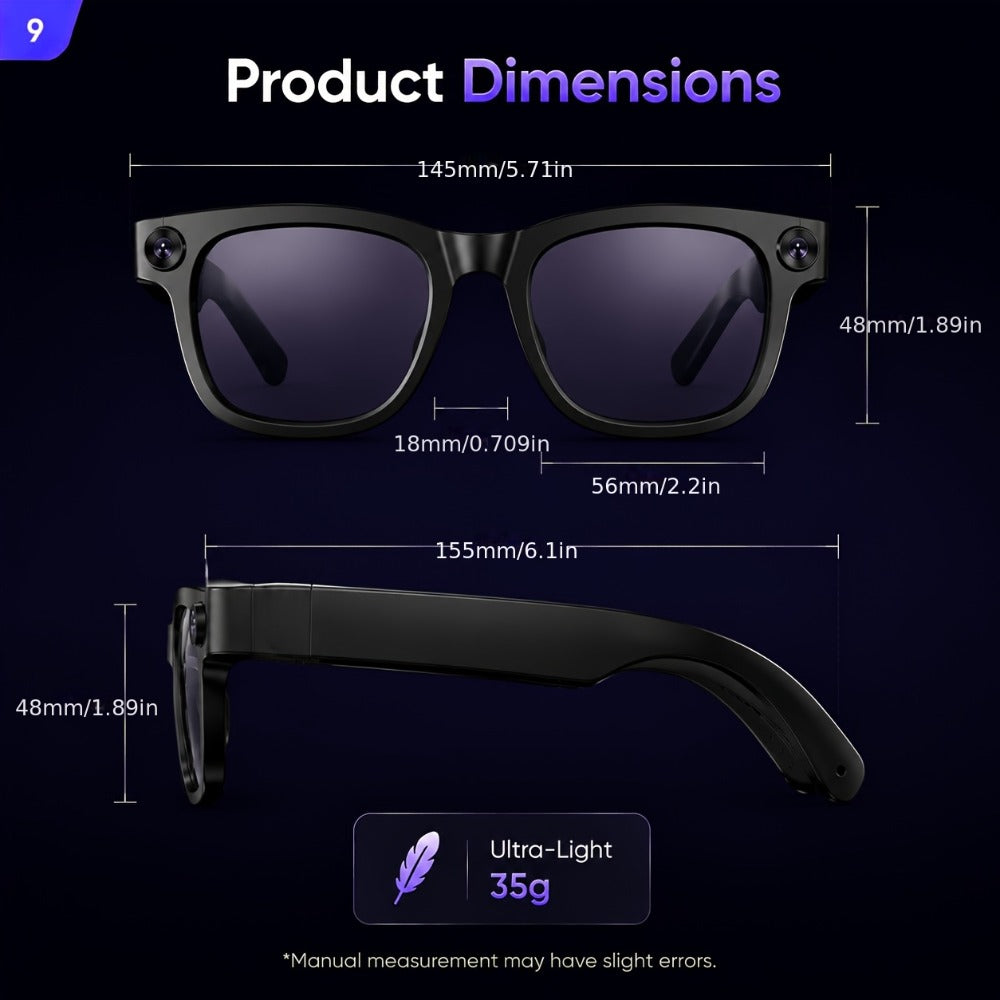 AI Smart Glasses Real-Time Voice Translation 100+ Languages - 2MP HD Camera, Bluetooth Calling & Music, Hands-Free Recording, Black & Clear Lens, Wearable Tech