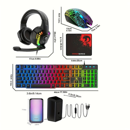 Complete 5-in-1 Gaming Setup Bundle RGB – 104 Keys Wired Keyboard, 2400 DPI Optical Mouse, Gaming Headphone, Speaker & Large Mouse Pad for PC, Mac, PS4 & Xbox | All-in-One Gaming Combo | Black & White