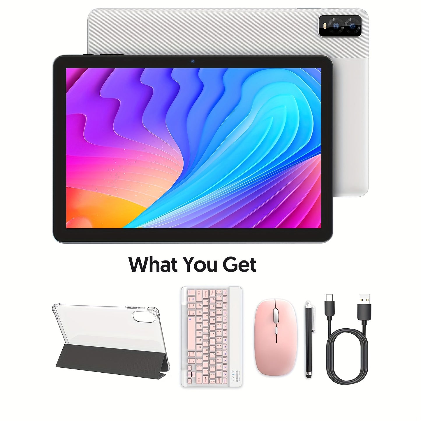 10 Inch Android 14 Tablet 8GB RAM 32GB ROM 1TB Expandable Octa-Core 1280x800 IPS Touch Screen Dual Camera WiFi 2-in-1 Tablet PC with Optional Keyboard Mouse Case & Stylus – White