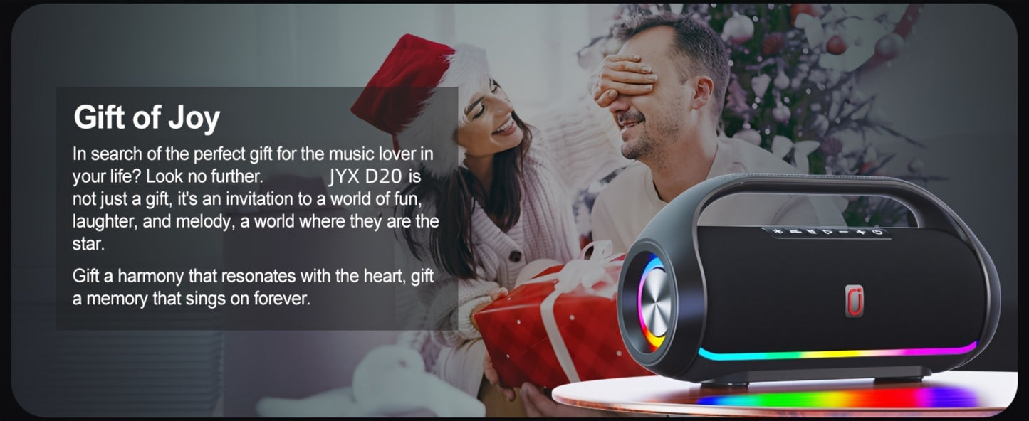 JYX D20 Portable Bluetooth Boombox Speaker with 3D Surround Sound, RGB Disco Lights, Deep Bass Boost, TWS Stereo, 8-10H Playtime, MicroSD USB AUX for Outdoor Party, Camping & Indoor Use
