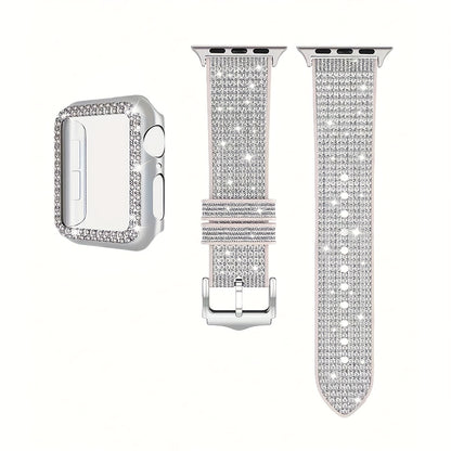 Apple Watch Band with Case Crystal Rhinestone Bling, Chameleon Color-Shift Strap + Shockproof Hard PC Cover, Compatible with Apple Watch Series 1-9 SE Ultra 38mm to 49mm S10 – Rose Gold Black Silver Women