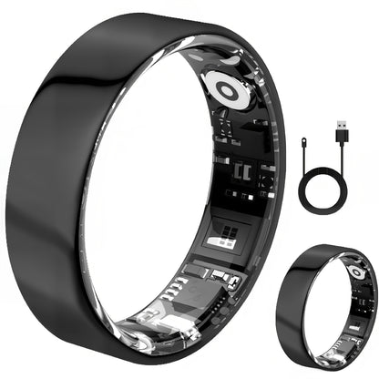 Smart Ring with Charging Case – Bluetooth 6.0 Fitness & Sleep Tracker, Steps, Calories, Remote Camera Control, iOS & Android Compatible, Sizes 7–13, Black Gold Silver