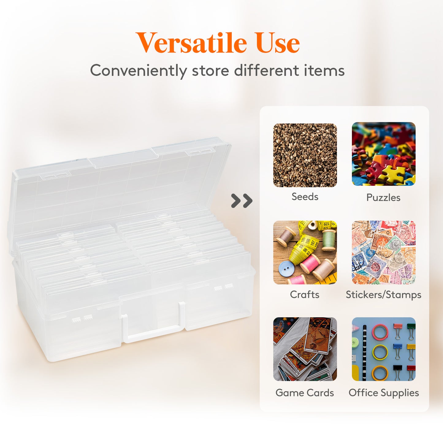 4x6 Photo Storage Box with 14 Inner Photo Keeper Cases Holds 1400 Photos Clear Plastic Photo Organizer with Lids Label Stickers BPA-Free for Cards Pictures Stamps Craft Office Supplies