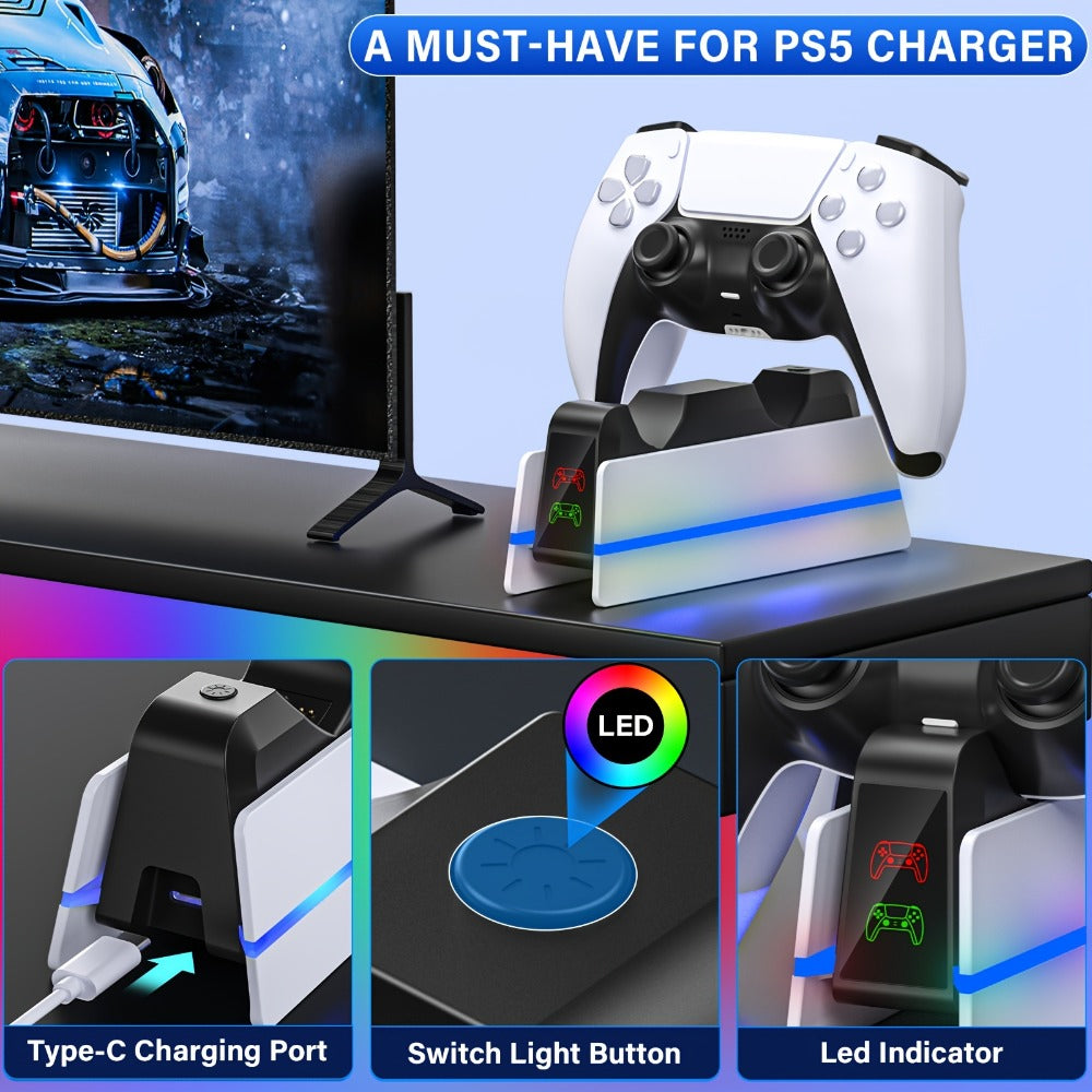 PS5 Controller Charging Station 9-Color LED Light Fast Charging Dock for DualSense & DualSense Edge - Compatible with PS5 Slim Pro All Models