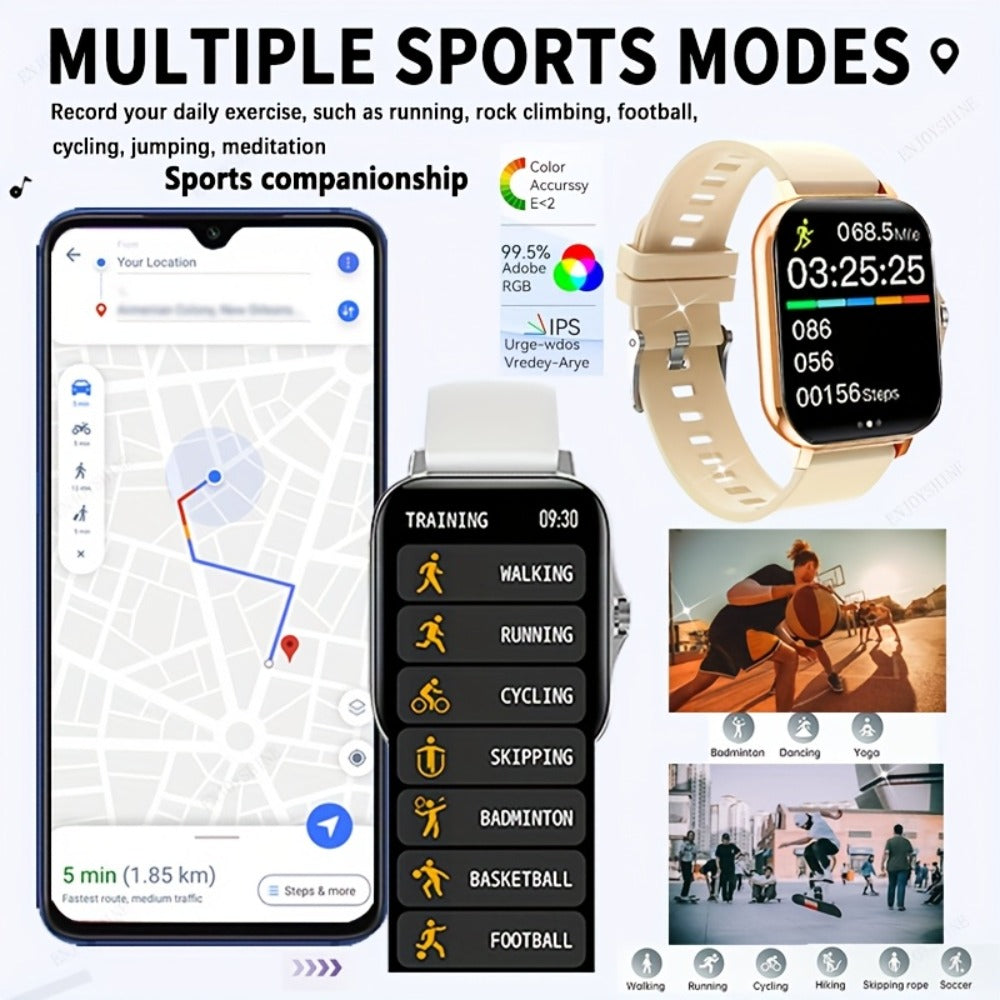 Dual TPU Strap Fitness Smartwatch 1.83" Full Touch – Pedometer, Multi Sport Mode, Exercise Recording, Wireless Calling, USB Rechargeable – Outdoor Sports Watch Men Women Gold Black Silver Pink