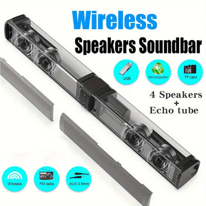 Detachable 20W TV Soundbar with Wireless Subwoofer, 3D Surround Sound Home Theater Speaker System, TF/AUX/FM/RCA/TWS, 4 Speakers, 2000mAh Battery, for TV PC Movie Game