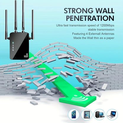 10000 Sq Ft WiFi Extender 1200Mbps 4-Mode - Dual Band 2.4GHz & 5GHz, 4 Antennas 360° Coverage, 6X Signal Boost, Penetrates Walls, 35 Devices, Repeater Access Point Router WISP, 1-Tap Setup, Black