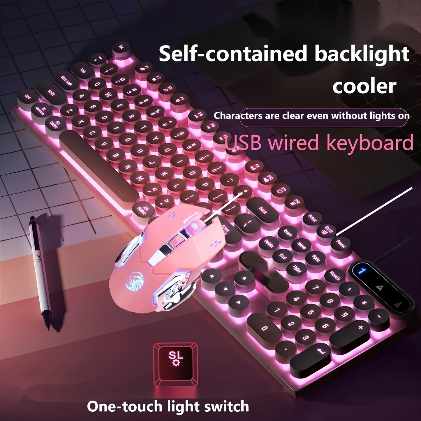 Retro Punk Keyboard and Mouse Set 104 Keys Silent Mechanical Feeling 6D Macro Mouse USB Wired Ergonomic Design for PC Laptop Desktop Gaming Office Home Creative Workstation