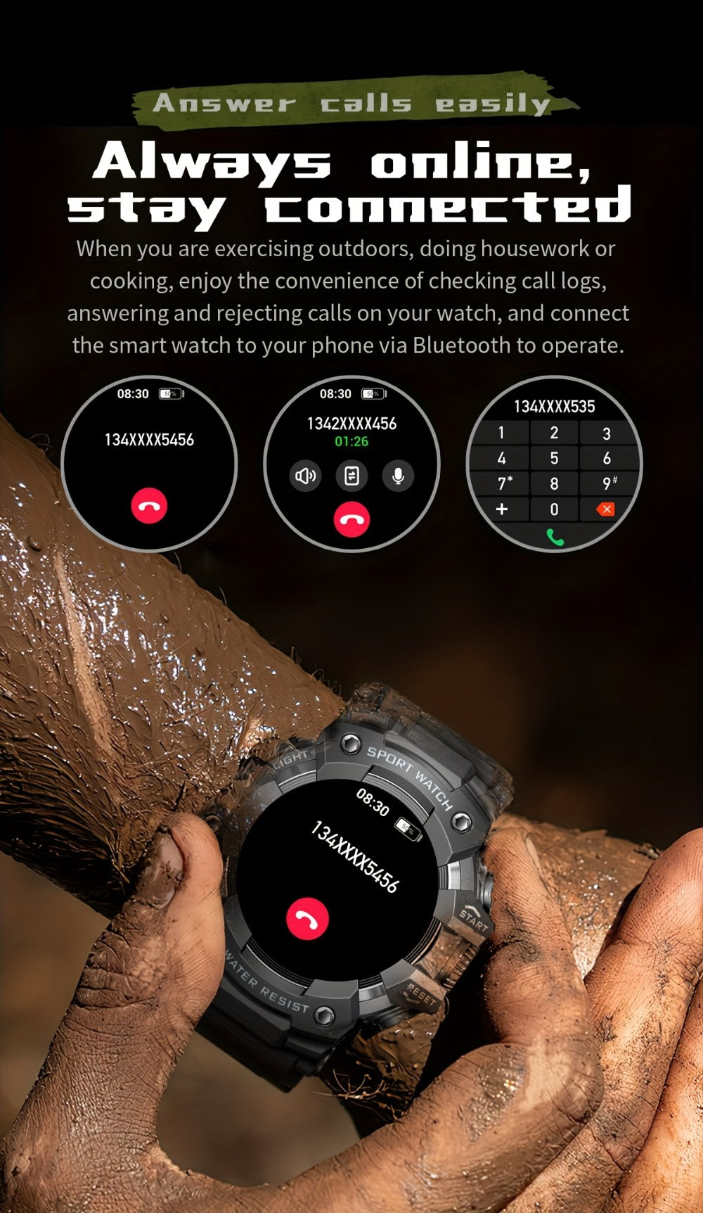 Tactical Smartwatch for Men, LED Flashlight & SOS Emergency, 1.32" TFT Screen, Bluetooth Calling, 100+ Sport Modes, Heart Rate SpO2 Sleep Tracker, Camouflage & Matte Colors – iPhone & Android Compatible