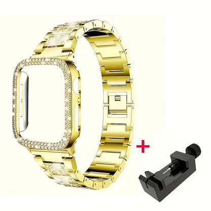 Diamond Apple Watch Case & Strap Set – Starry Sky Full Diamond Bezel + Double Row Diamond Band Compatible with Apple Watch Series 1–10 SE Ultra Ultra 2 38 40 41 42 44 45 49mm – Pink Rose Gold Black Blue Silver