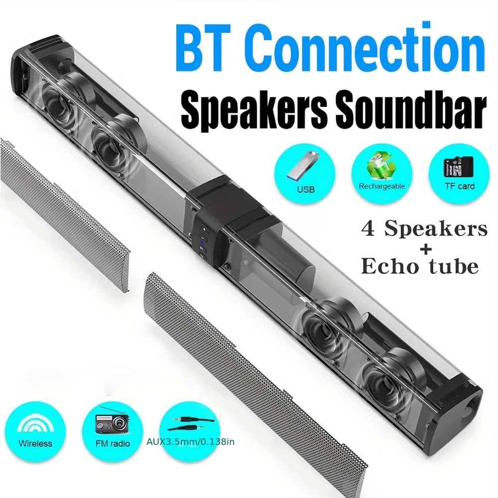 Sound Bar with 4 Subwoofers 20W Hi-Fi Wireless Surround Sound System Bluetooth 5.0 TWS Wall Mountable EQ Modes AUX USB TF FM for TV Computer Gaming Home Theater