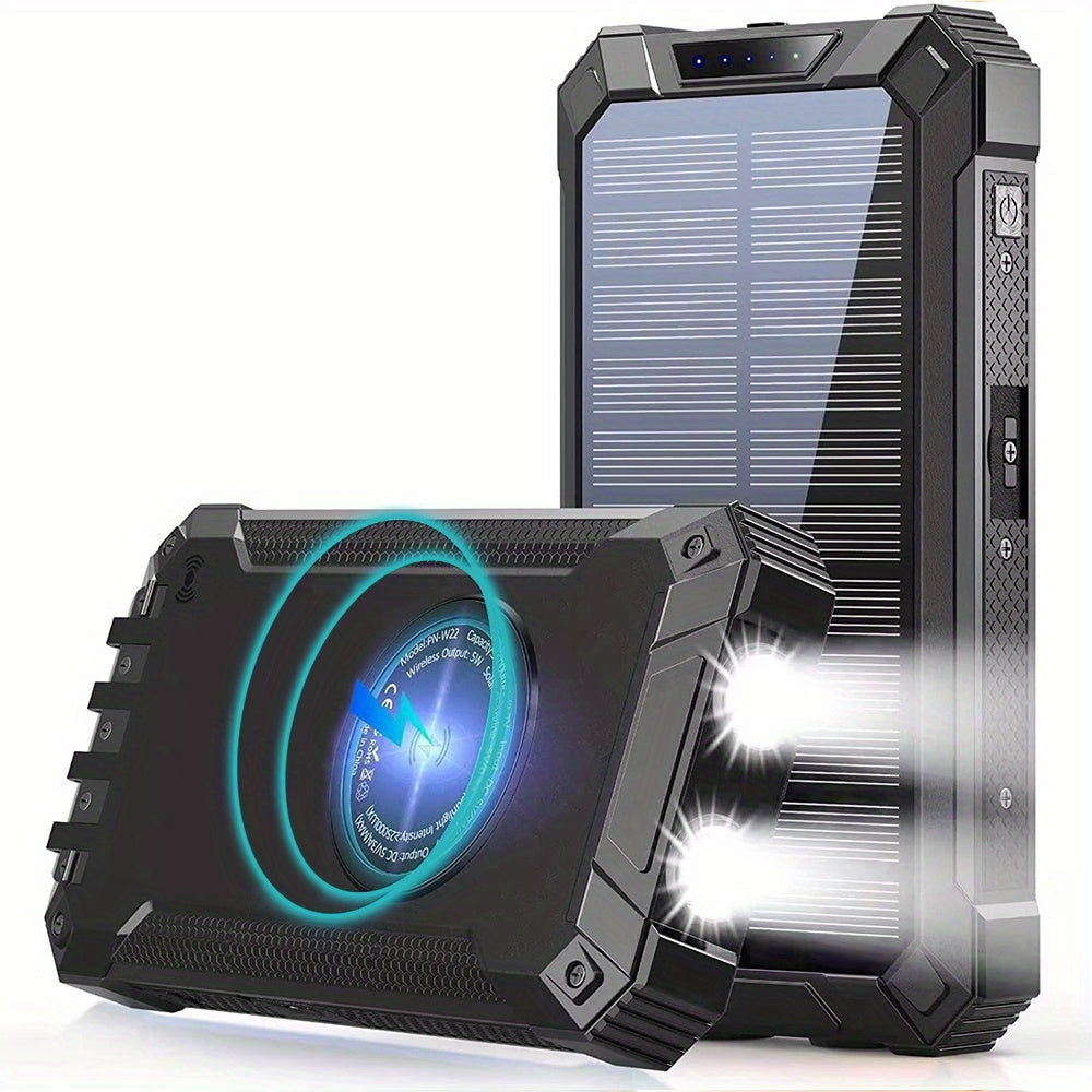 Solar Power Bank 46800mAh Wireless Charging 4 Built-in Cables Dual LED Flashlight 15W Fast Charge Outdoor Camping Hiking Emergency Battery Pack iPhone Android Red Green Blue Black Orange
