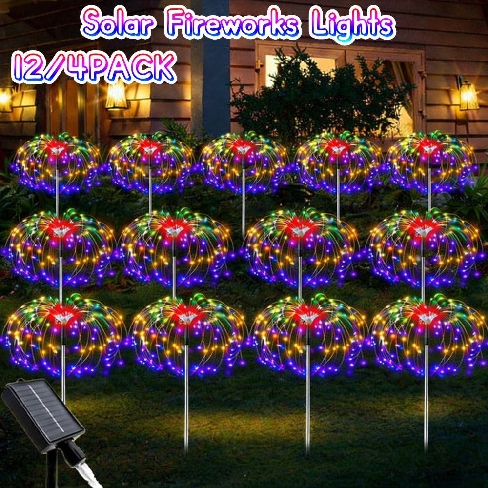 Solar Firework Garden Lights Outdoor 12 Pack 750 LED - 8 Modes Waterproof Starburst Stake Lights for Yard, Pathway, Balcony, Christmas & Holiday Decor, Multicolor or White (4-Pack / 12-Pack)