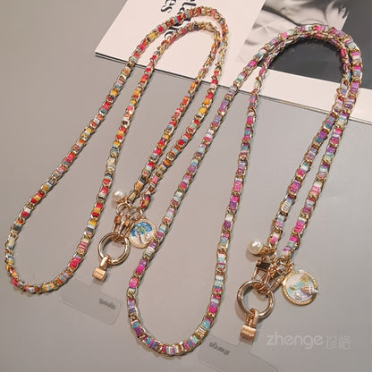 Metal Chain Phone Crossbody Strap Painted Fabric Long Lanyard Fashionable Disc Button Shoulder Phone Strap – Hands-Free for Women Daily Shopping Travel Outdoor Gift