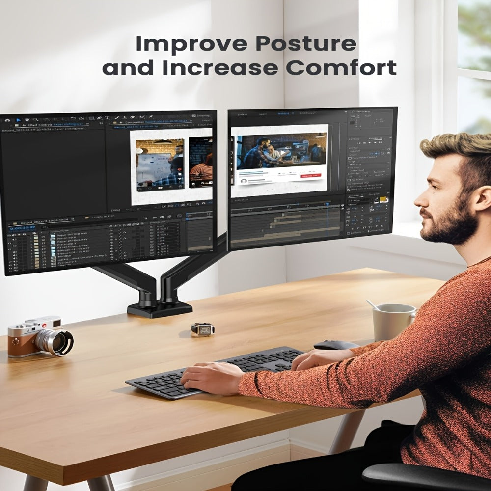 Aluminum Alloy Gas Spring Monitor Arm 19.8 lbs, Full Motion Swivel Tilt Rotate, Ergonomic Desk Mount for 13-32 Inch Screens, C-Clamp & Grommet Base, Space-Saving Home Office Stand