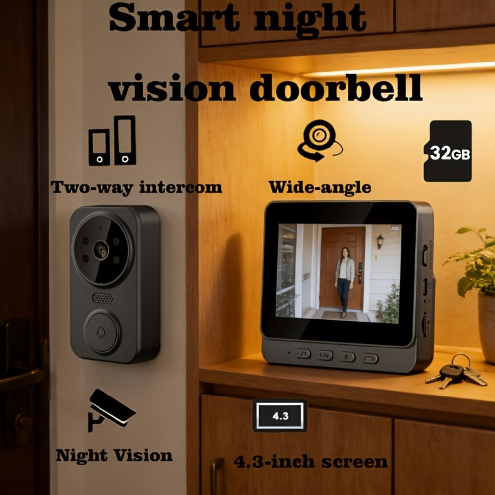 170° Wide Angle Video Doorbell Camera 1080P with 4.3" HD Monitor - No WiFi No App No Subscription, 850nm Night Vision, USB-C Rechargeable, 128GB SD Card Option, Two-Way Audio