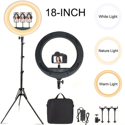 18 Inch LED Ring Light with Stand & Carry Bag – Phone Holder Included, Dimmable Studio Light for Smartphone Camera Photography, Live Streaming, Selfie, Makeup & Video Recording