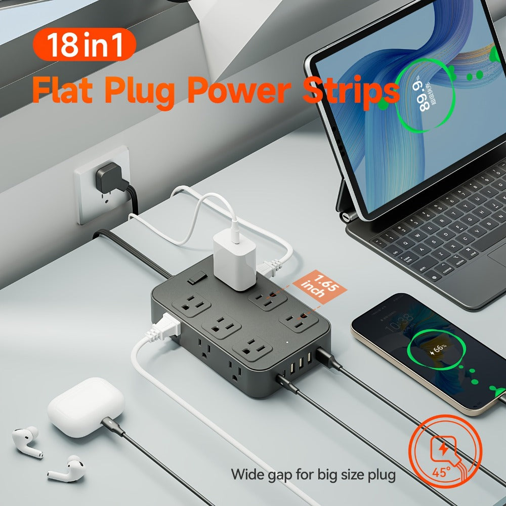 12-Outlet Surge Protector Power Strip with One-Touch Master Switch 18-in-1 with 12 Spacious AC Outlets 4 USB-A 2 USB-C Ports Safe Portable Charging Station for Home Dorm Office Travel – Black & White