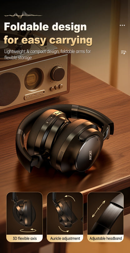 Acer OHR560 ANC Over-Ear Wireless Headphones, Full-Coverage Foldable Design HiFi Stereo HD ENC Call Noise Reduction Built-in Mic, 3.5mm Audio Cable Compatible for Work Travel Gaming Study