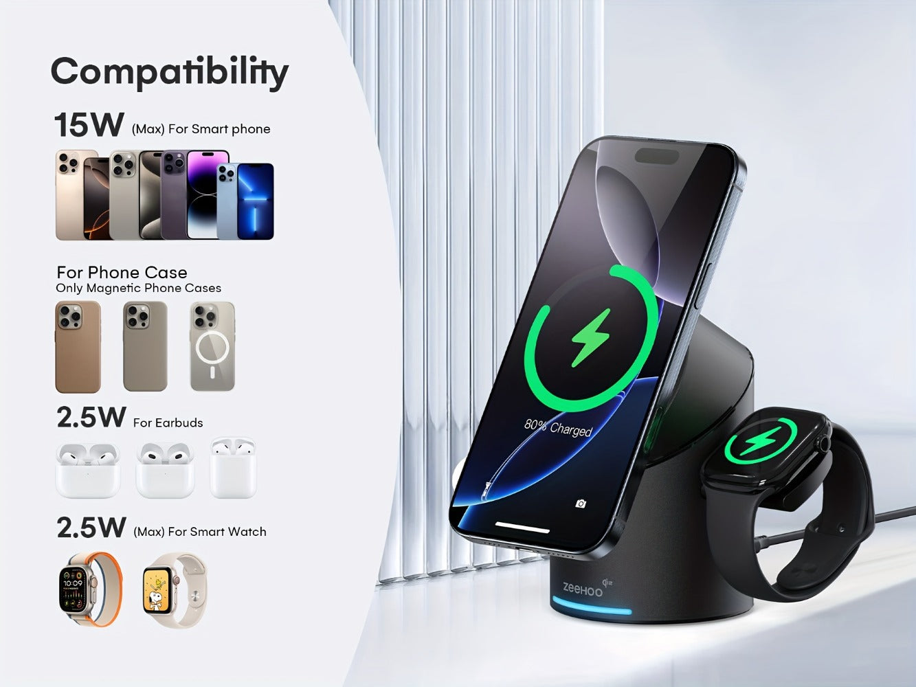 Qi2 3-in-1 Wireless Charging Station 15W ZEEHOO CylinTrick-R Cylindrical Rotating Magnetic Stand Hidden Pop-Up Charger Touch Activated for iPhone 17 16 15 14 13 12 Pro Max, Apple Watch Ultra Series 10 9 8 7 SE, AirPods 4 3 2 Pro – White Black