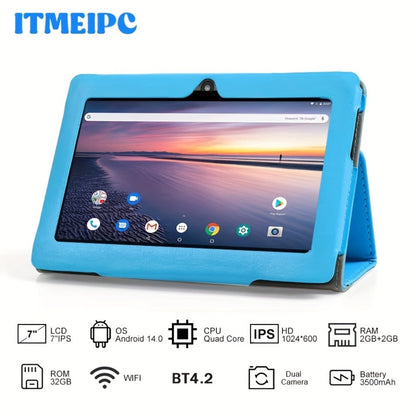 USB-C Android 14 Tablet 7 Inch with Built-in Protective Case, 4GB RAM 32GB ROM Expandable Quad-Core HD IPS Display, Dual Camera WiFi, Compact Stylish Portable Tablet for Students Teens Adults – Blue Yellow Black Pink